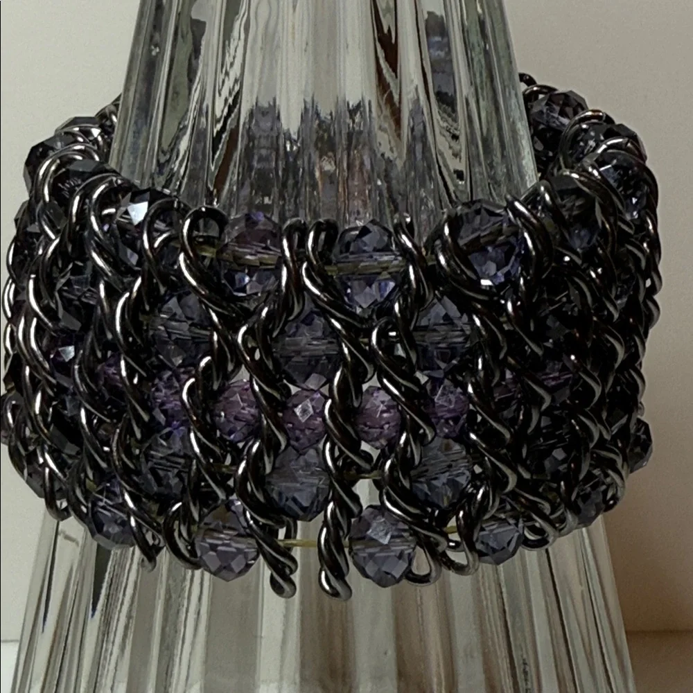 Striking Chunky Purple Black Chain multilayer woven gun metal stretch bracelet